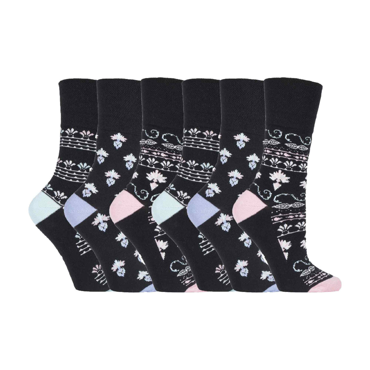 6 Pack Ladies Patterned Non Elastic Cotton Socks