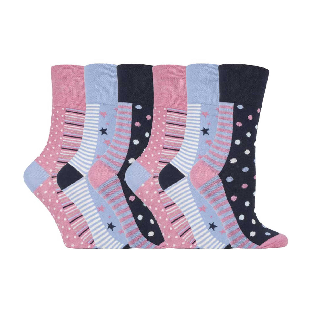 6 Pack Ladies Patterned Non Elastic Cotton Socks