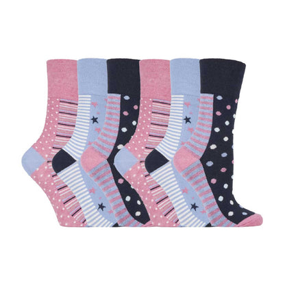6 Pack Ladies Patterned Non Elastic Cotton Socks