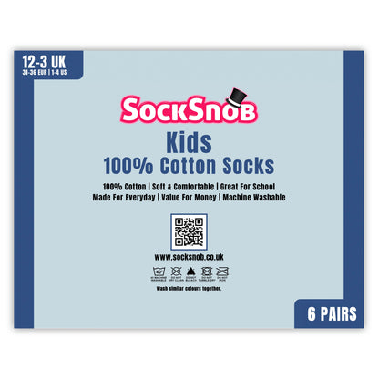 6 Pack Kids 100% Cotton Breathable Socks