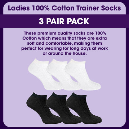 3 Pack Womens 100% Cotton Trainer Socks
