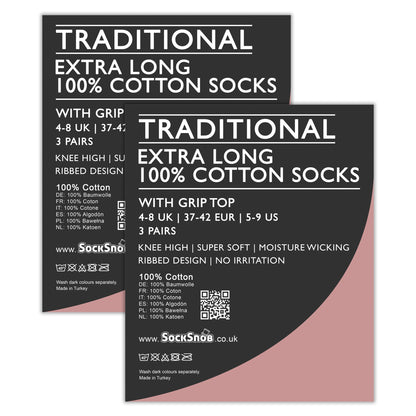 6 Pairs Ladies 100% Cotton Knee High Socks | Long Ribbed Non Elastic Top Socks