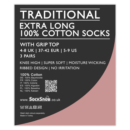 Ladies 3 Pack Knee High 100% Cotton Soft Breathable Socks