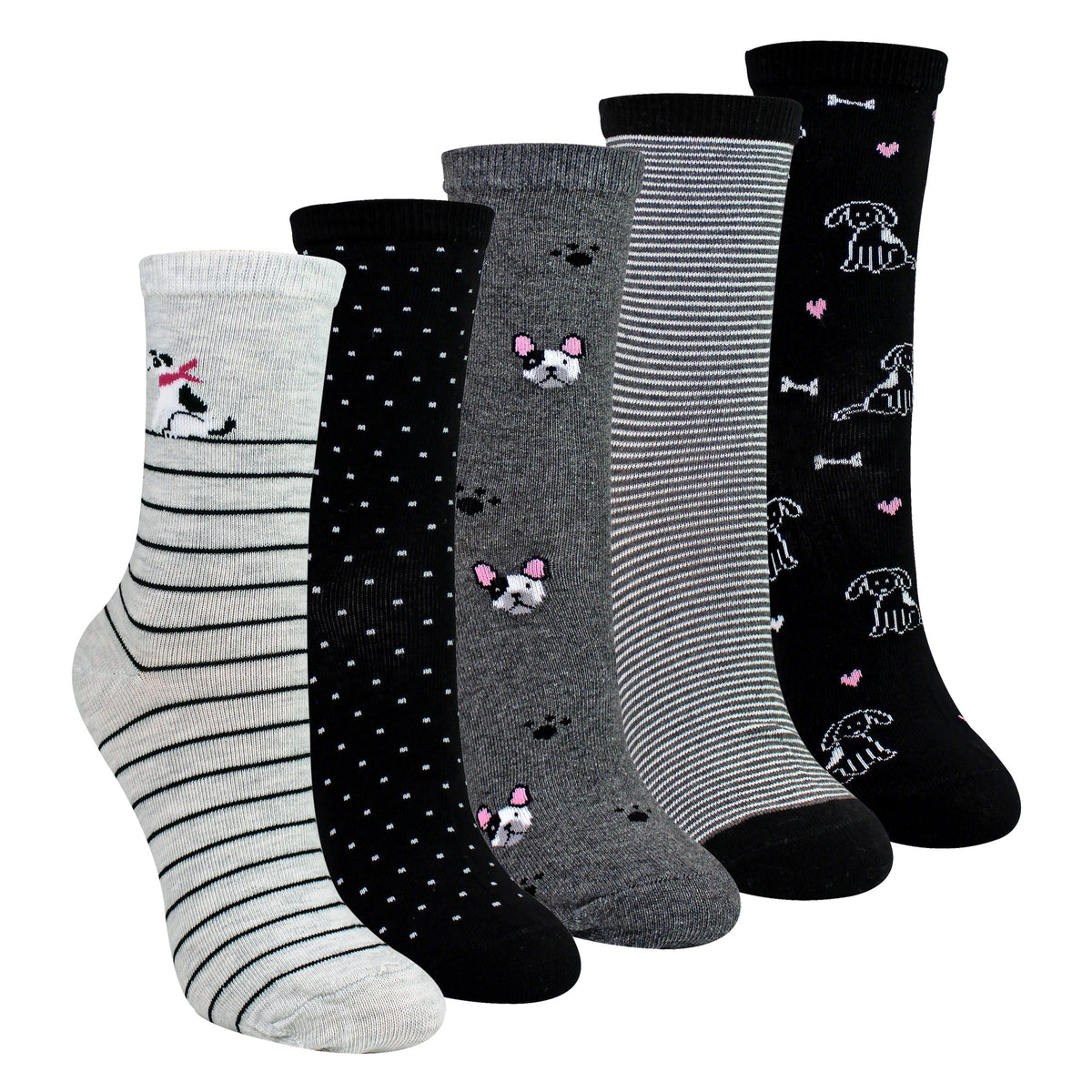 5 Pairs Ladies Dog Patterned Socks - Soft Cotton Rich Fun Dog Design Socks