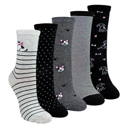 5 Pairs Ladies Dog Patterned Socks - Soft Cotton Rich Fun Dog Design Socks