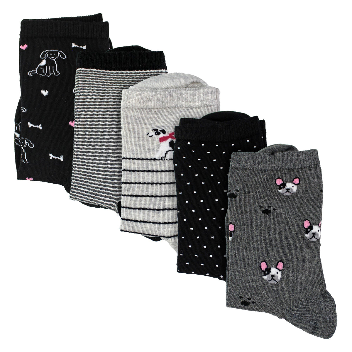 5 Pairs Ladies Dog Patterned Socks - Soft Cotton Rich Fun Dog Design Socks