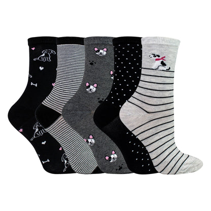 5 Pairs Ladies Dog Patterned Socks - Soft Cotton Rich Fun Dog Design Socks
