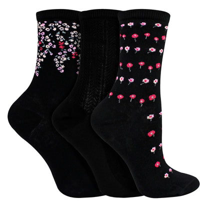 3 Pairs Ladies Floral Pattern Socks - Soft Cotton Rich Everyday Socks