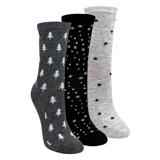 3 Pairs Ladies Stars and Trees Patterned Socks - Soft Cotton Rich Everyday Socks
