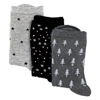 3 Pairs Ladies Stars and Trees Patterned Socks - Soft Cotton Rich Everyday Socks