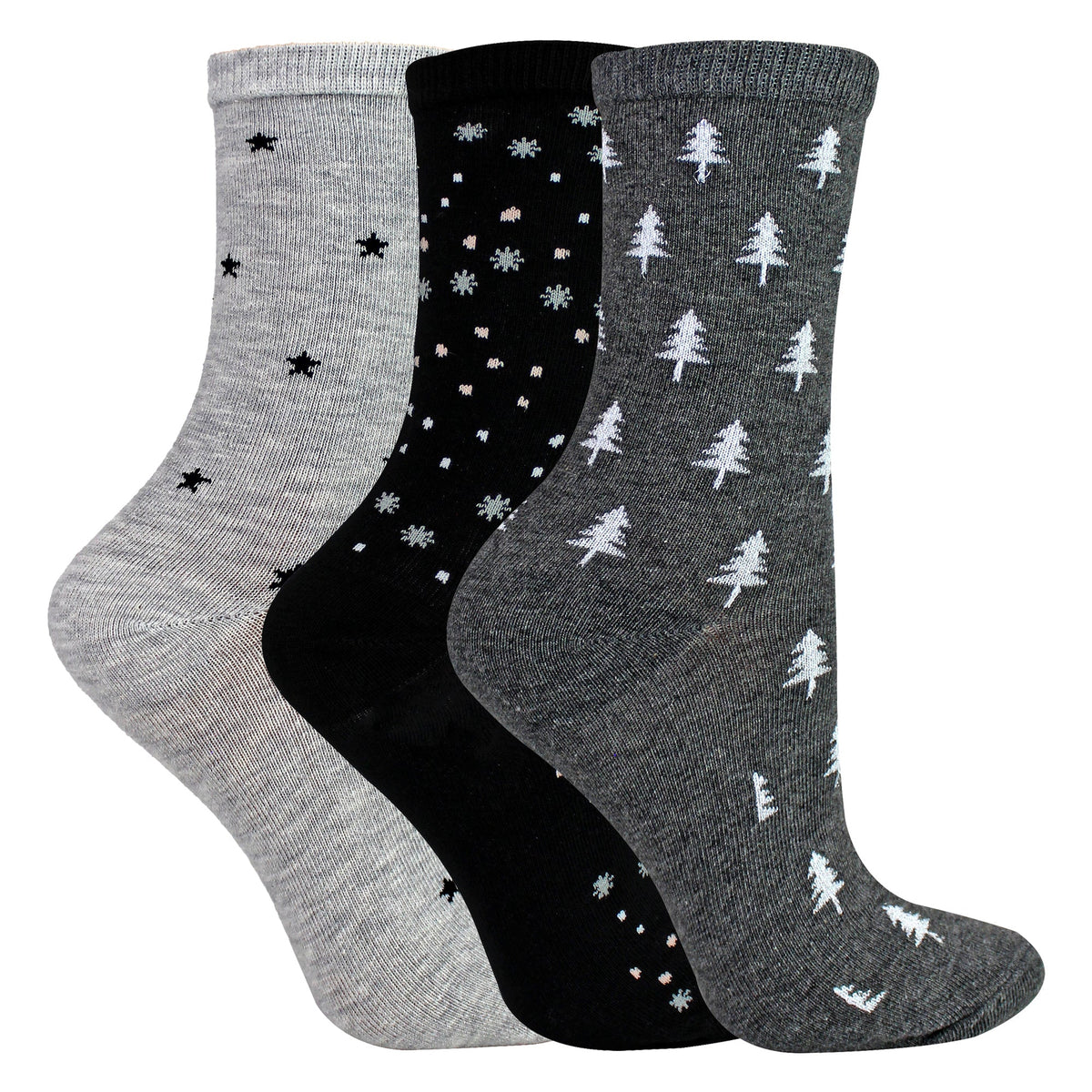 3 Pairs Ladies Stars and Trees Patterned Socks - Soft Cotton Rich Everyday Socks