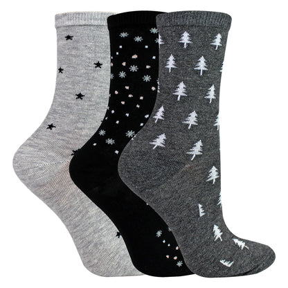 3 Pairs Ladies Stars and Trees Patterned Socks - Soft Cotton Rich Everyday Socks