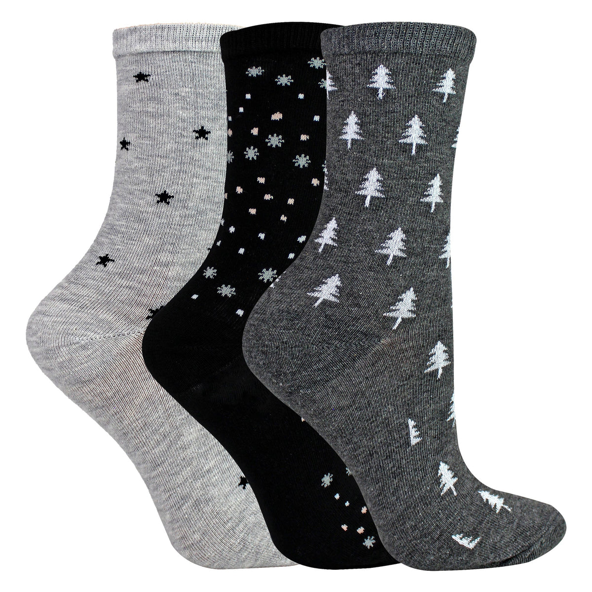 6 Pairs Ladies Stars and Trees Patterned Socks - Soft Cotton Rich Everyday Socks