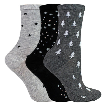 6 Pairs Ladies Stars and Trees Patterned Socks - Soft Cotton Rich Everyday Socks