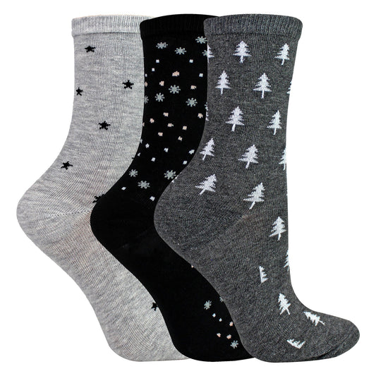 6 Pairs Ladies Stars and Trees Patterned Socks - Soft Cotton Rich Everyday Socks
