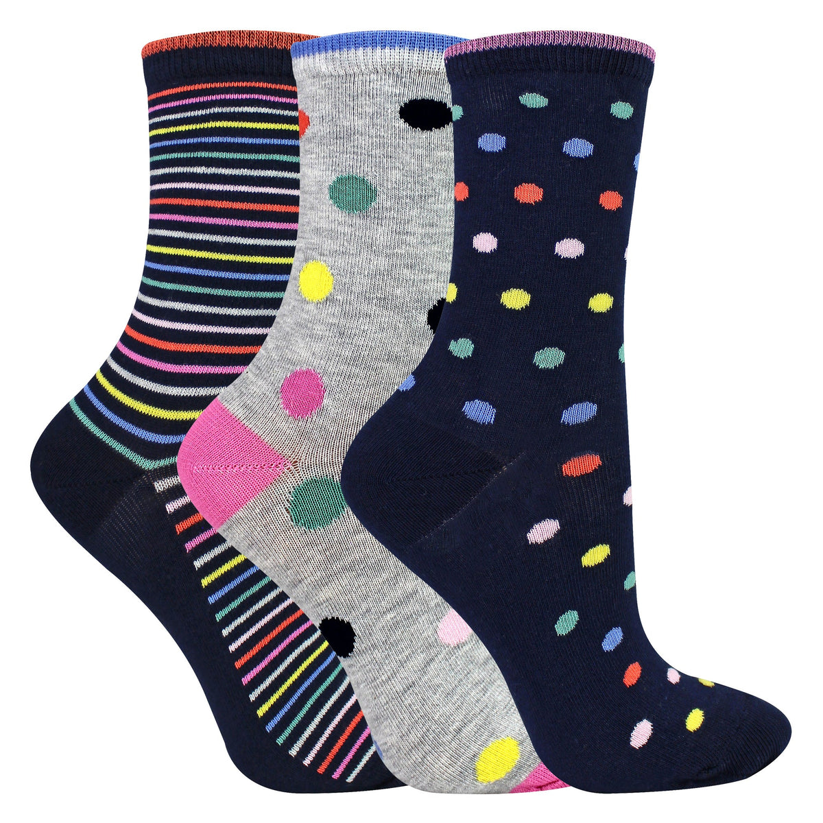 3 Pairs Ladies Spots and Stripe Patterned Socks- Soft Cotton Rich Everyday Socks