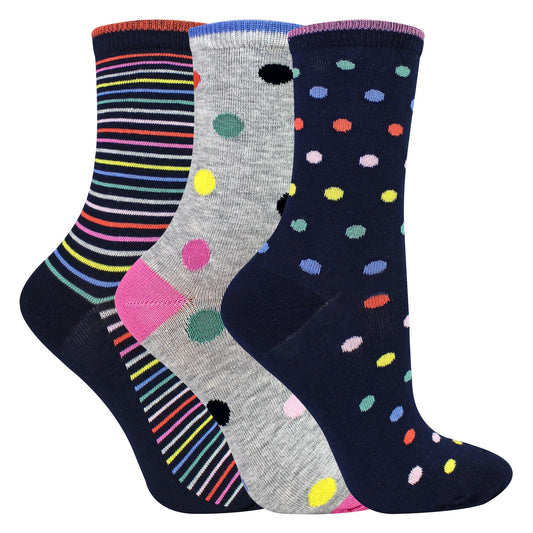6 Pairs Ladies Spots and Stripe Patterned Socks- Soft Cotton Rich Everyday Socks