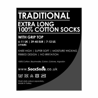 3 Pack Mens Long Knee High Length 100% Cotton Socks