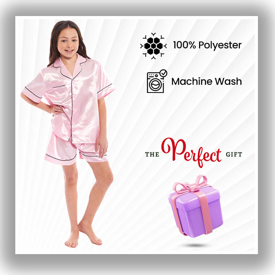 Kids Satin Silk Pyjama Set for Girls with Button-Down Shirt and Loose-Fitting Pants Comfortable Loungewear in Black Pink Grey Ages 5-14 by Daisy Dreamer