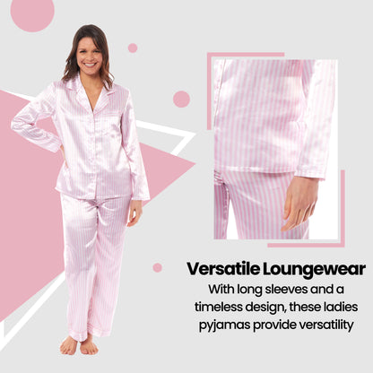 Luxurious Women's Satin Silk Long Sleeve Pyjama Set Cozy Loungewear Nightwear with Dress Shirt Collar and Loose-Fitting Pants in Black Pink Grey by Daisy Dreamer