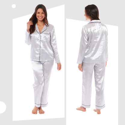 Luxurious Women's Satin Silk Long Sleeve Pyjama Set Cozy Loungewear Nightwear with Dress Shirt Collar and Loose-Fitting Pants in Black Pink Grey by Daisy Dreamer
