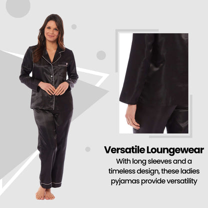 Luxurious Women's Satin Silk Long Sleeve Pyjama Set Cozy Loungewear Nightwear with Dress Shirt Collar and Loose-Fitting Pants in Black Pink Grey by Daisy Dreamer