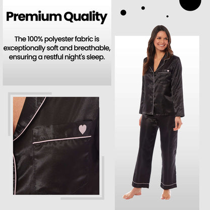Luxurious Women's Satin Silk Long Sleeve Pyjama Set Cozy Loungewear Nightwear with Dress Shirt Collar and Loose-Fitting Pants in Black Pink Grey by Daisy Dreamer