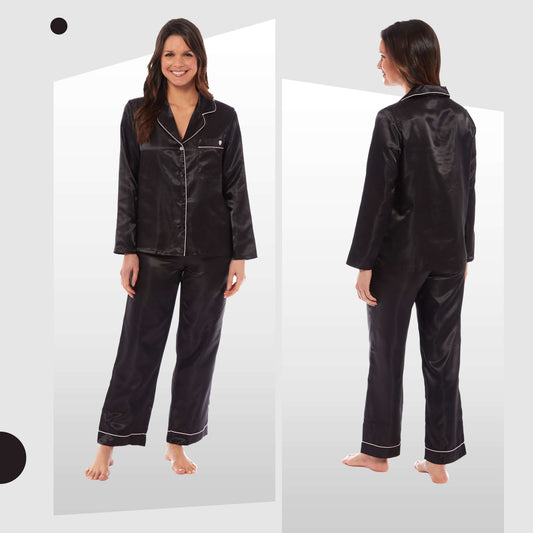 Luxurious Women's Satin Silk Long Sleeve Pyjama Set Cozy Loungewear Nightwear with Dress Shirt Collar and Loose-Fitting Pants in Black Pink Grey by Daisy Dreamer
