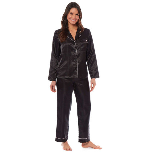 Luxurious Women's Satin Silk Long Sleeve Pyjama Set Cozy Loungewear Nightwear with Dress Shirt Collar and Loose-Fitting Pants in Black Pink Grey by Daisy Dreamer