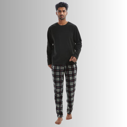 Men's Long Sleeve Thermal Fleece Pyjama Set in Black and Red.