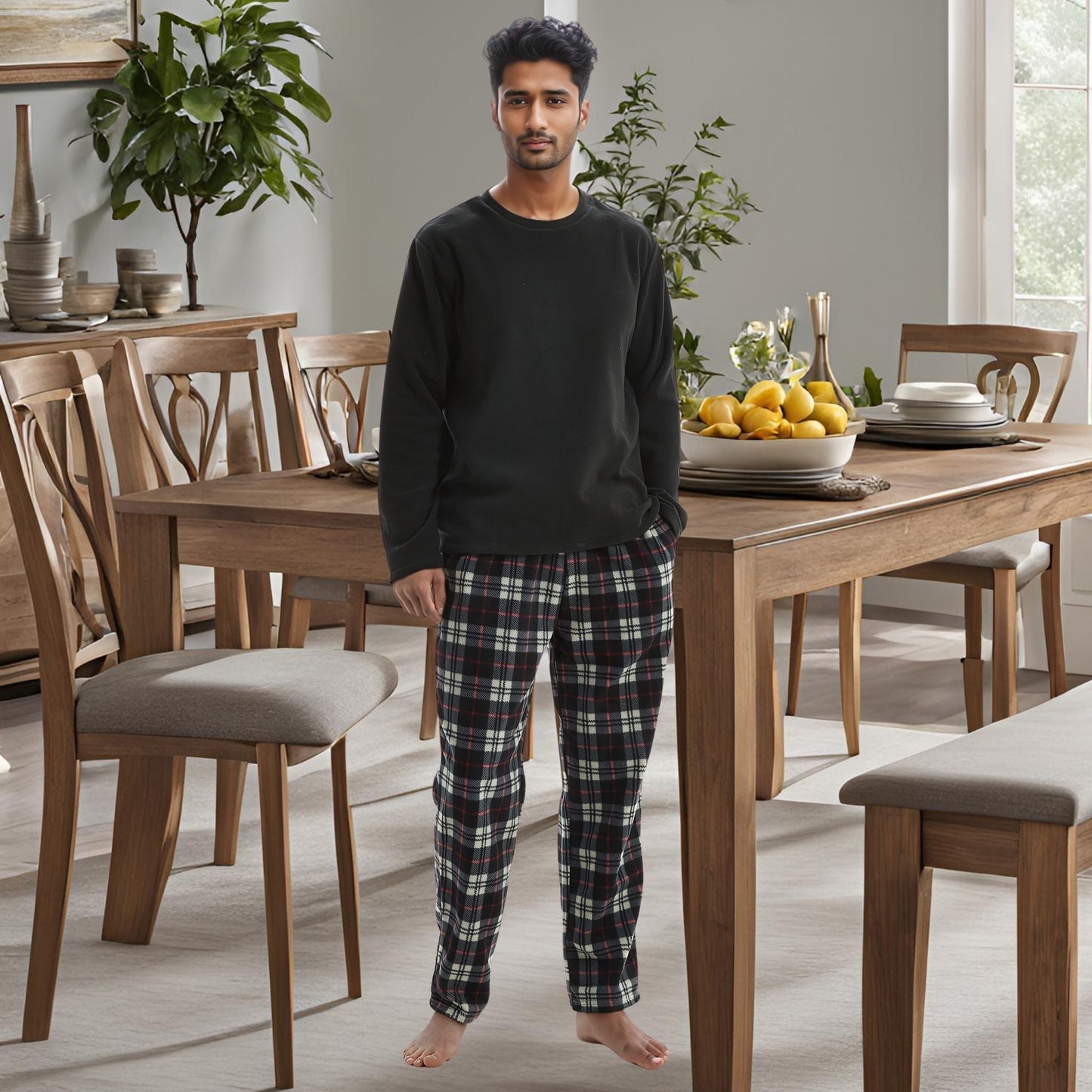Men's Long Sleeve Thermal Fleece Pyjama Set in Black and Red.