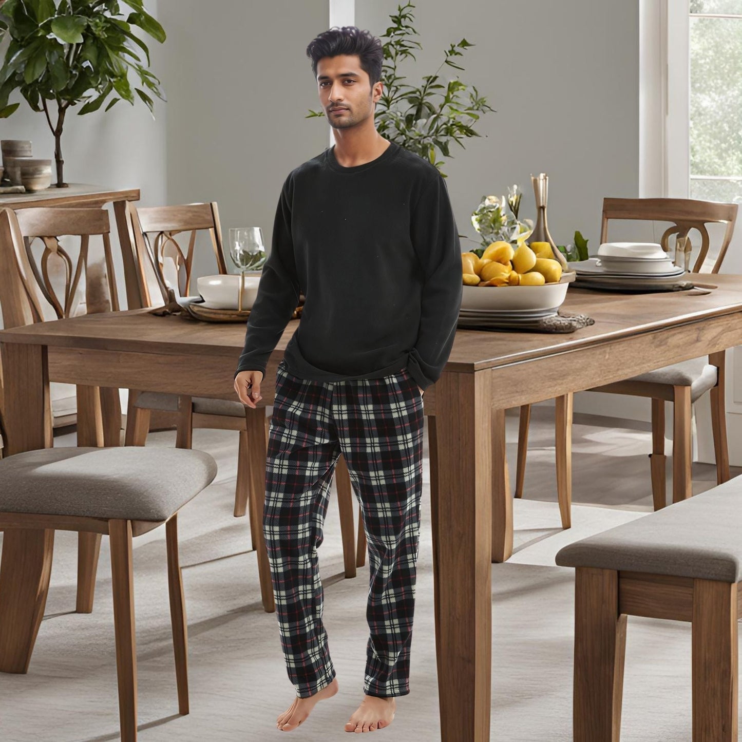 Men's Long Sleeve Thermal Fleece Pyjama Set in Black and Red.