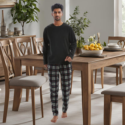 Men's Long Sleeve Thermal Fleece Pyjama Set in Black and Red.
