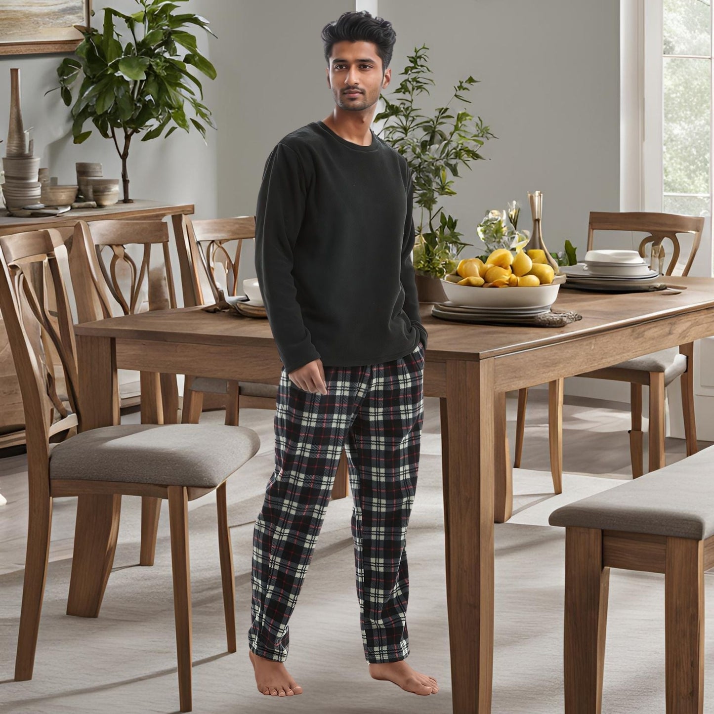 Men's Long Sleeve Thermal Fleece Pyjama Set in Black and Red.