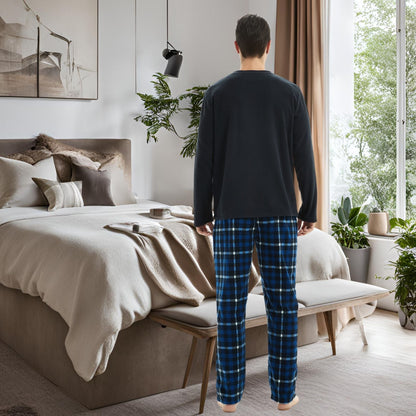 Mens Navy Check Thermal Fleece Pyjama Set with Luxury Design