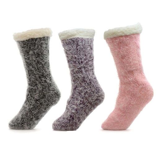 Pack of 3 Pairs Womens Chunky Knit Slipper Socks Tall Sherpa Fleece Fur Lined Non Slip Grips Warm Winter Home Lounging UK Sizes 4-7 Assorted Colors by Sock Stack