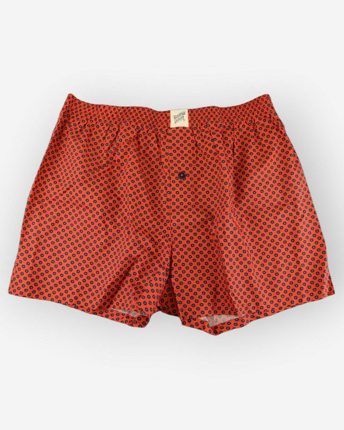 Mens Boxer Shorts - Navy Poppy Circles on Red