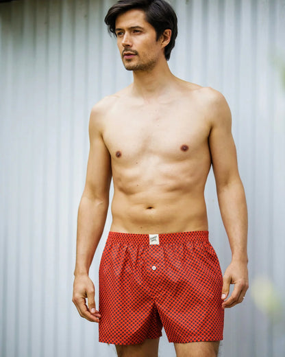 Mens Boxer Shorts - Navy Poppy Circles on Red