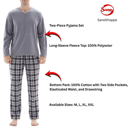 Men's Pyjama Sets: Fleece Top with Cotton Bottoms in Grey and Black