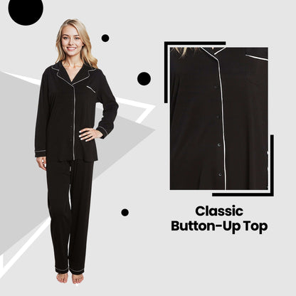 Women's Black Pyjama Set Soft Touch Long Sleeve Button-Up Top & Bottoms Two-Piece Nightwear by Daisy Dreamer