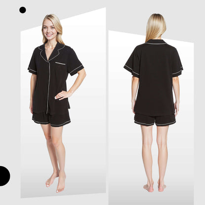 Women's Black Short Pyjama Set Super Soft Sleepwear Nightwear Button Up Top and Shorts with Pockets PJs by Daisy Dreamer