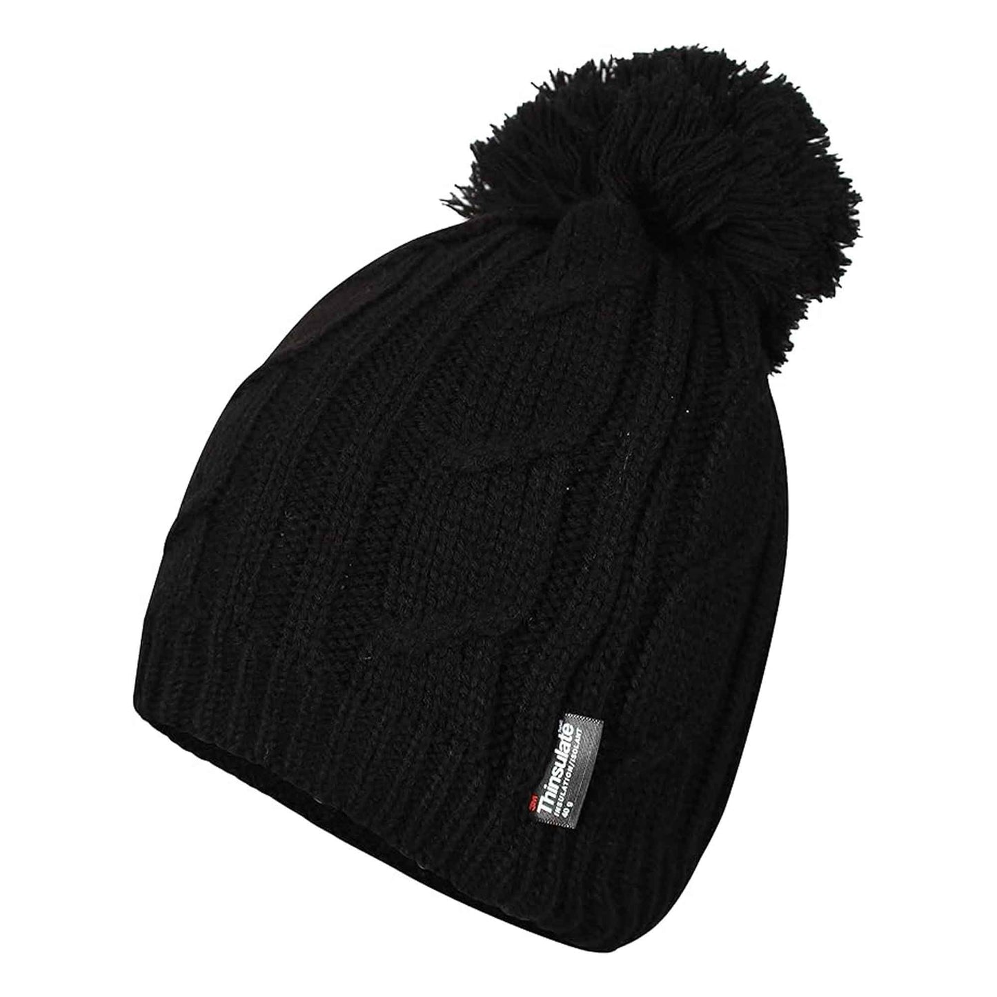 Women's Chunky Cable Knit Beanie Hat with 3M Thinsulate Insulation and Pom Pom Waterproof Winter Hat in Black Purple Cream and Navy by Sock Stack
