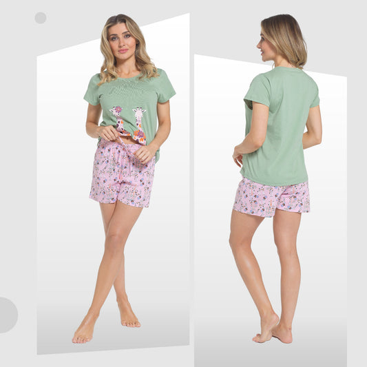 Women's Giraffe Pyjama Set T-Shirt & Shorts PJs Soft Cotton Loungewear Summer Holiday Sleepwear by Daisy Dreamer