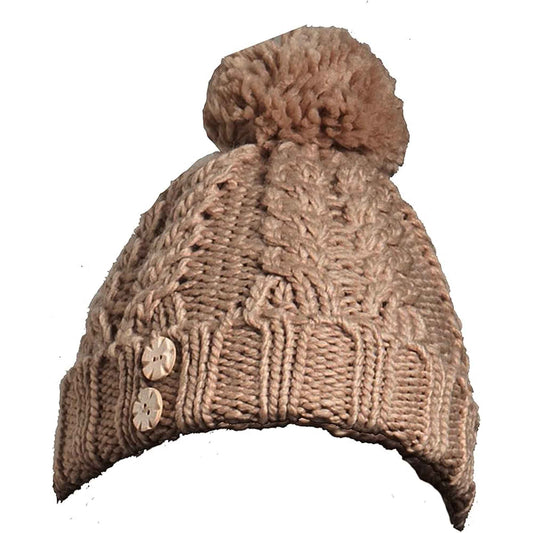 Women's Hand-Knitted Winter Hat Scarf and Hand Warmer Set with Inga Button Design Luxurious Acrylic Adjustable Fit Elegant Brown and Cream by Sock Stack