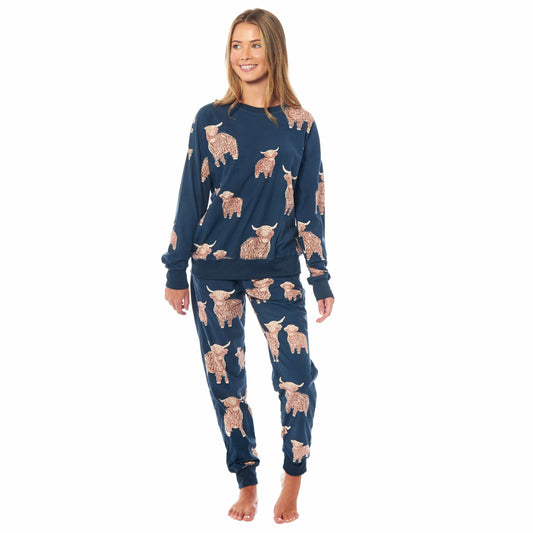 Women's Highland Cow Printed Soft Fleece Pyjama Set Long Sleeve Animal Warm PJs Loungewear Sleepwear for Ladies by Daisy Dreamer