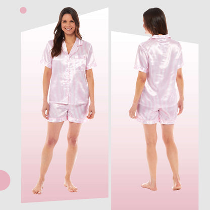 Women's Satin Silk Short Pyjama Set Soft Breathable Nightwear Loungewear PJs Black Pink Grey UK Sizes 8-22 by Daisy Dreamer