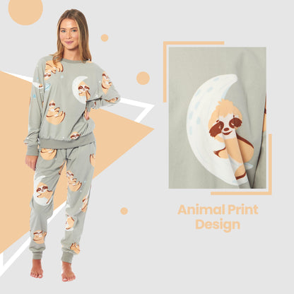Women's Sloth Soft Fleece Pyjama Set Long Sleeve Animal Print Warm PJs Loungewear Sleepwear for Ladies by Daisy Dreamer