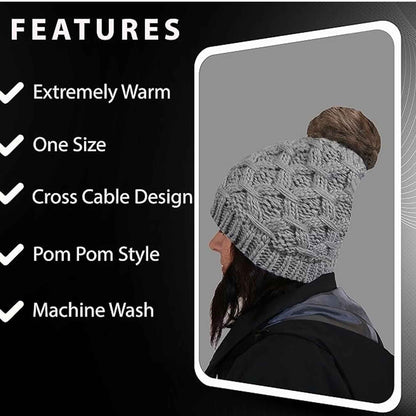 Women's Waterproof Thinsulate Insulated Chunky Beanie Winter Hat with Pom Pom Bobble Warm Cable Knit Ideal for Skiing and Hiking by Sock Stack